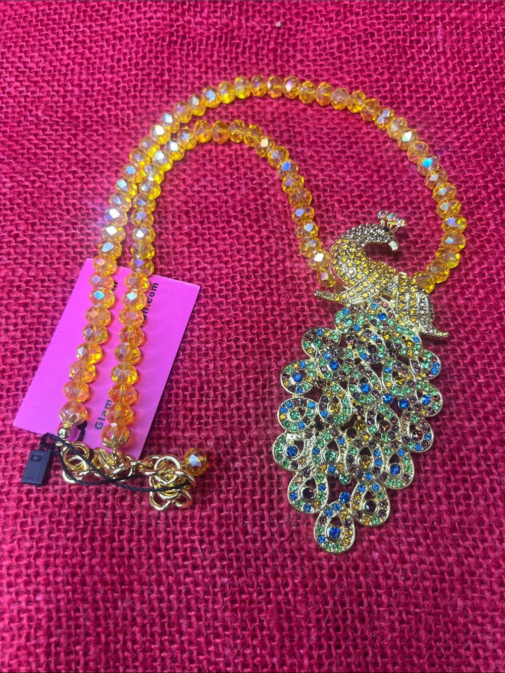 Glam Gold Peacock Pendant Necklace with Yellow Crystal Beads